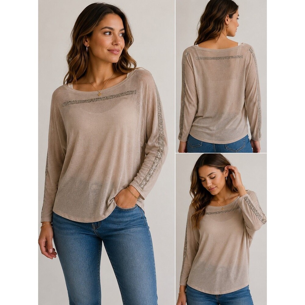 Lumiere Beige Fine Knit Sweater Top Sheer Beaded Trim Dolman Sleeve Women's Sz M